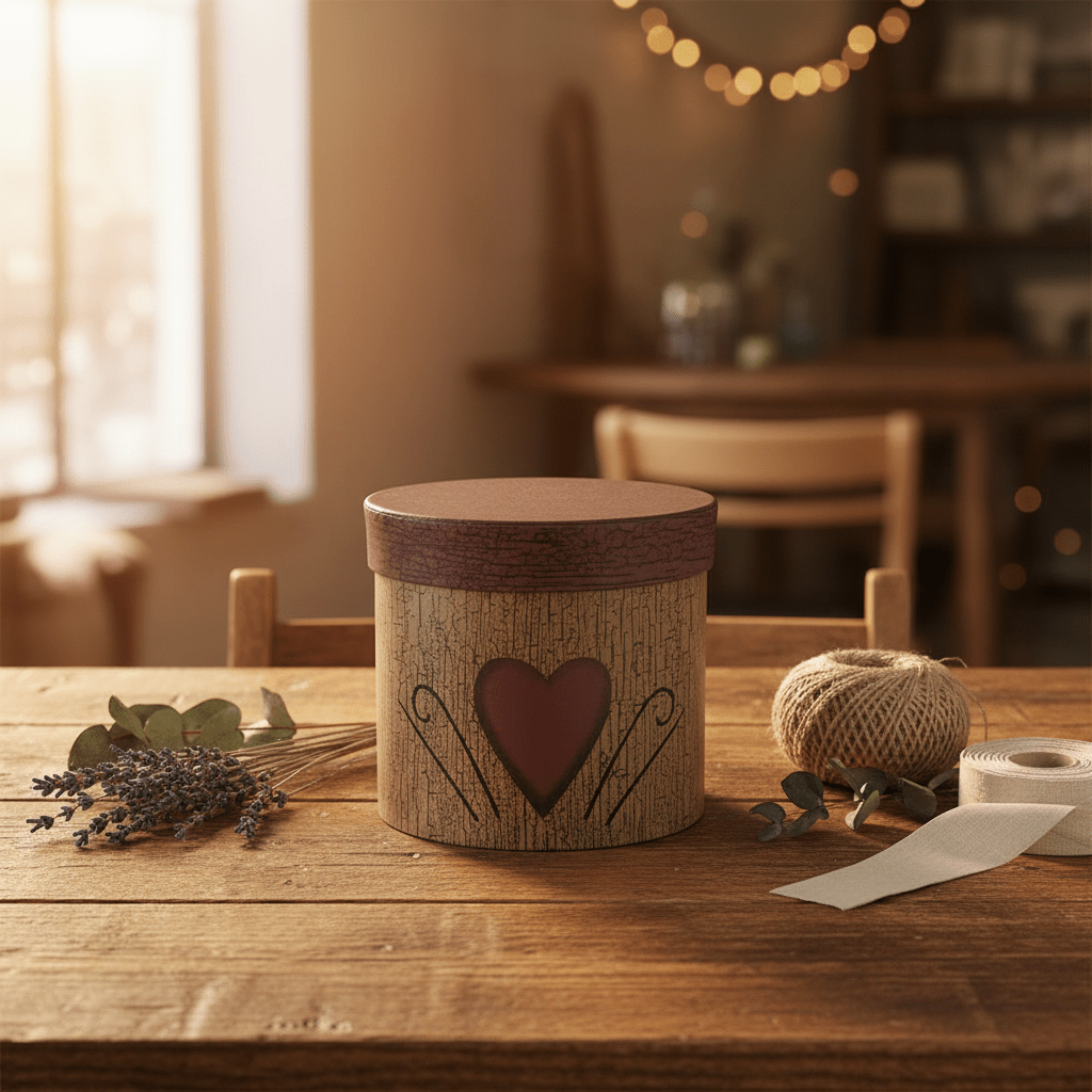 AKDC Woodgrain Tan Round Cardboard Gift Box with Primitive Heart Design Lid for Rustic Gift Packaging, Decor & Storage – 13×13 cm - Al Kabayel Discount CentreAKDC Woodgrain Tan Round Cardboard Gift Box with Primitive Heart Design Lid for Rustic Gift Packaging, Decor & Storage – 13×13 cmPacking & Wrapping SuppliesAKDCAl Kabayel Discount Centre