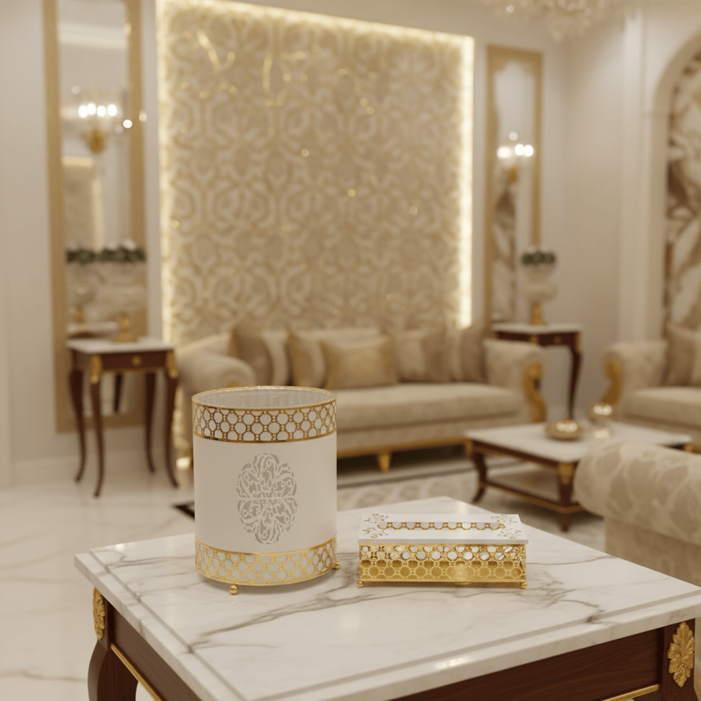 Al Habbai Acrylic Dustbin with White and Gold Metal Base and Tissue Box Set – Luxury Decorative Design – 28 × 21 cm & 26 × 13 cm - Al Kabayel Discount CentreAl Habbai Acrylic Dustbin with White and Gold Metal Base and Tissue Box Set – Luxury Decorative Design – 28 × 21 cm & 26 × 13 cmOrganizers & AccessoriesAL HABBAIAl Kabayel Discount Centre