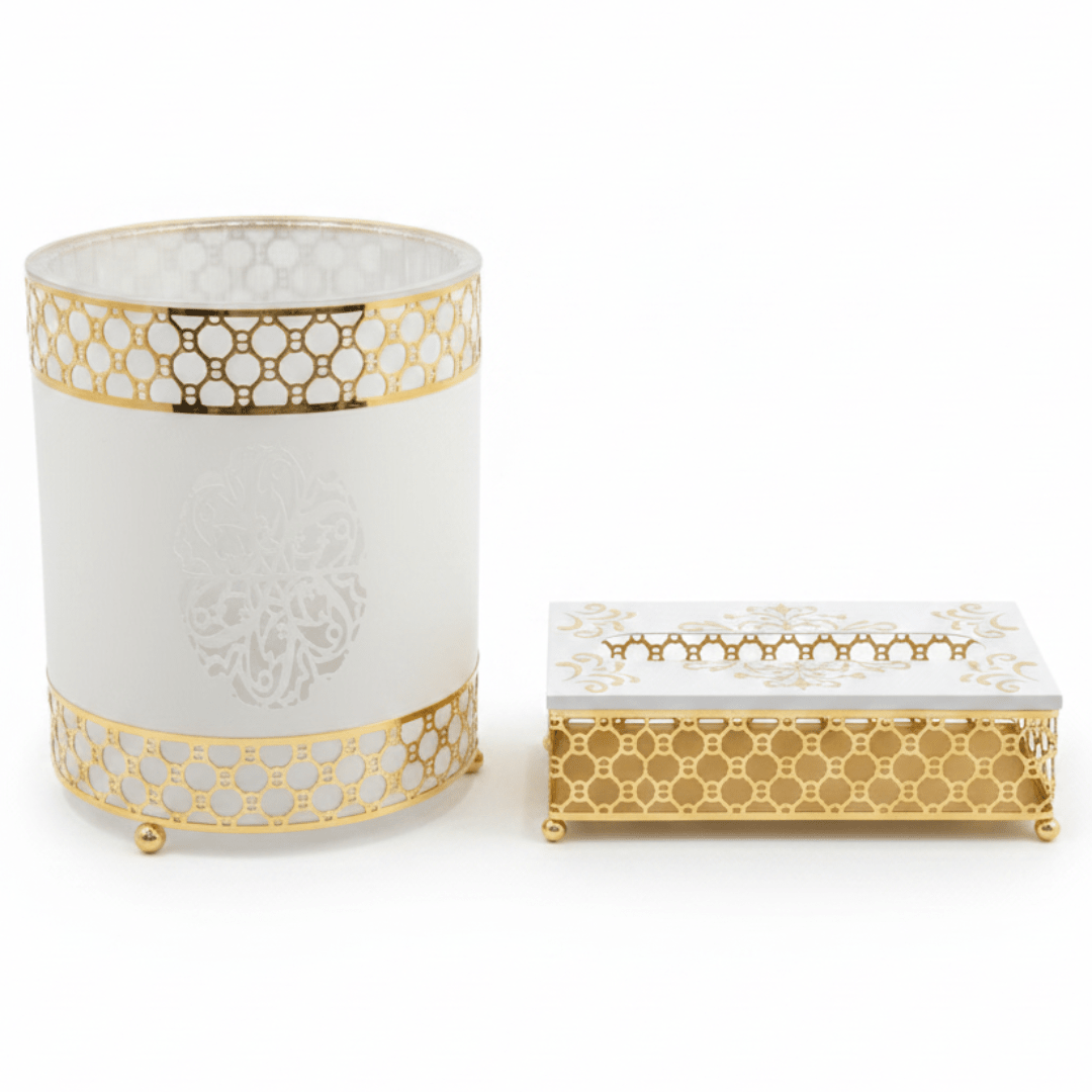 Al Habbai Acrylic Dustbin with White and Gold Metal Base and Tissue Box Set – Luxury Decorative Design – 28 × 21 cm & 26 × 13 cm - Al Kabayel Discount CentreAl Habbai Acrylic Dustbin with White and Gold Metal Base and Tissue Box Set – Luxury Decorative Design – 28 × 21 cm & 26 × 13 cmOrganizers & AccessoriesAL HABBAIAl Kabayel Discount Centre