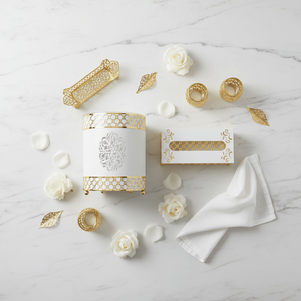 Al Habbai Acrylic Dustbin with White and Gold Metal Base and Tissue Box Set – Luxury Decorative Design – 28 × 21 cm & 26 × 13 cm - Al Kabayel Discount CentreAl Habbai Acrylic Dustbin with White and Gold Metal Base and Tissue Box Set – Luxury Decorative Design – 28 × 21 cm & 26 × 13 cmOrganizers & AccessoriesAL HABBAIAl Kabayel Discount Centre