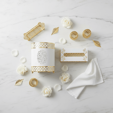 Al Habbai Acrylic Dustbin with White and Gold Metal Base and Tissue Box Set – Luxury Decorative Design – 28 × 21 cm & 26 × 13 cm - Al Kabayel Discount CentreAl Habbai Acrylic Dustbin with White and Gold Metal Base and Tissue Box Set – Luxury Decorative Design – 28 × 21 cm & 26 × 13 cmOrganizers & AccessoriesAL HABBAIAl Kabayel Discount Centre