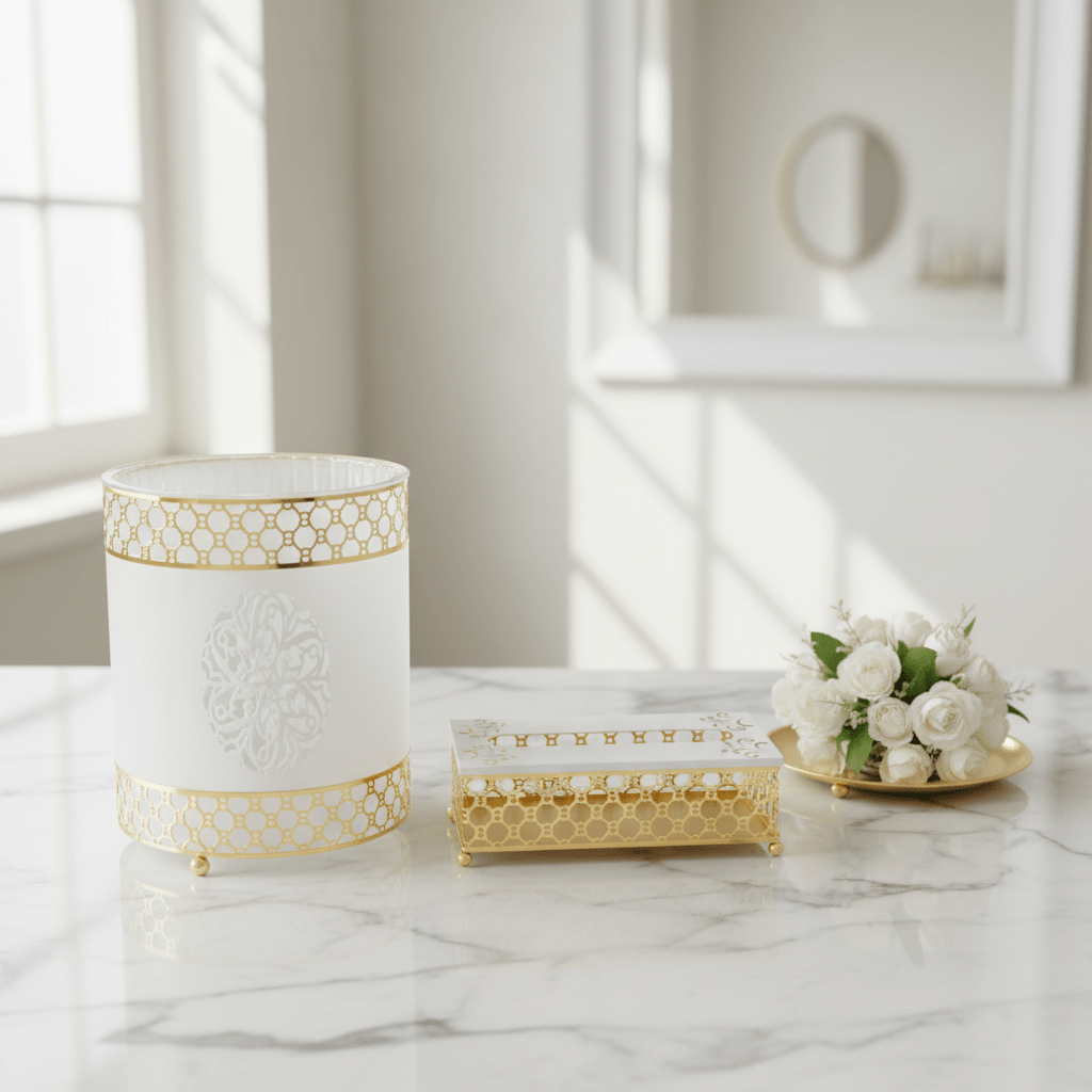 Al Habbai Acrylic Dustbin with White and Gold Metal Base and Tissue Box Set – Luxury Decorative Design – 28 × 21 cm & 26 × 13 cm - Al Kabayel Discount CentreAl Habbai Acrylic Dustbin with White and Gold Metal Base and Tissue Box Set – Luxury Decorative Design – 28 × 21 cm & 26 × 13 cmOrganizers & AccessoriesAL HABBAIAl Kabayel Discount Centre