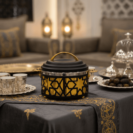 Al Habbai Elegant Black & Gold Insulated Hot Pot for Modern Kitchen Serving – 17x13cm - Al Kabayel Discount CentreAl Habbai Elegant Black & Gold Insulated Hot Pot for Modern Kitchen Serving – 17x13cmCasserolesAL HABBAIAl Kabayel Discount Centre