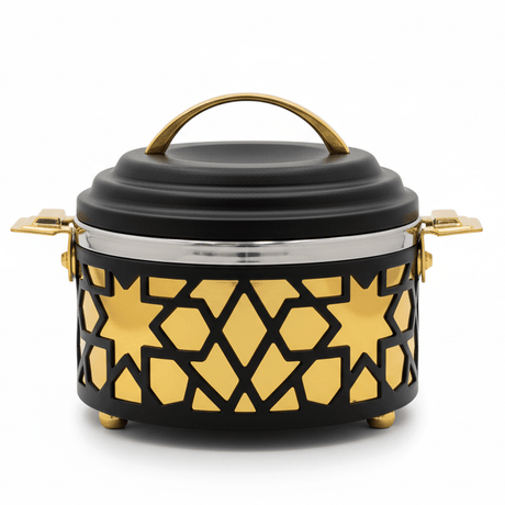 Al Habbai Elegant Black & Gold Insulated Hot Pot for Modern Kitchen Serving – 17x13cm - Al Kabayel Discount CentreAl Habbai Elegant Black & Gold Insulated Hot Pot for Modern Kitchen Serving – 17x13cmCasserolesAL HABBAIAl Kabayel Discount Centre