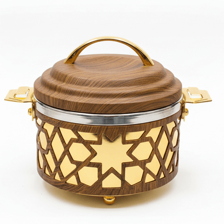 Al Habbai Elegant Brown & Gold Insulated Hot Pot for Stylish Dining and Heat Retention – 17x13cm - Al Kabayel Discount CentreAl Habbai Elegant Brown & Gold Insulated Hot Pot for Stylish Dining and Heat Retention – 17x13cmCasserolesAL HABBAIAl Kabayel Discount Centre