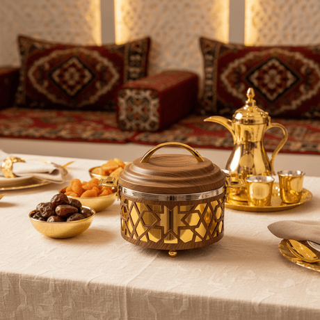 Al Habbai Elegant Brown & Gold Insulated Hot Pot for Stylish Dining and Heat Retention – 17x13cm - Al Kabayel Discount CentreAl Habbai Elegant Brown & Gold Insulated Hot Pot for Stylish Dining and Heat Retention – 17x13cmCasserolesAL HABBAIAl Kabayel Discount Centre
