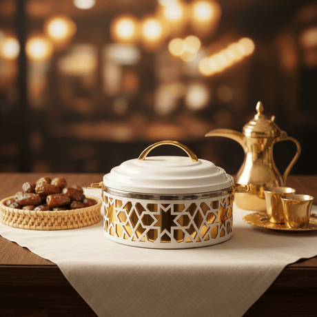 Al Habbai Premium Stainless Steel Thermal Hot Pot – Gold & White Metal Finish Insulated Food Container 18×8 cm - Al Kabayel Discount CentreAl Habbai Premium Stainless Steel Thermal Hot Pot – Gold & White Metal Finish Insulated Food Container 18×8 cmCasserolesAL HABBAIAl Kabayel Discount Centre