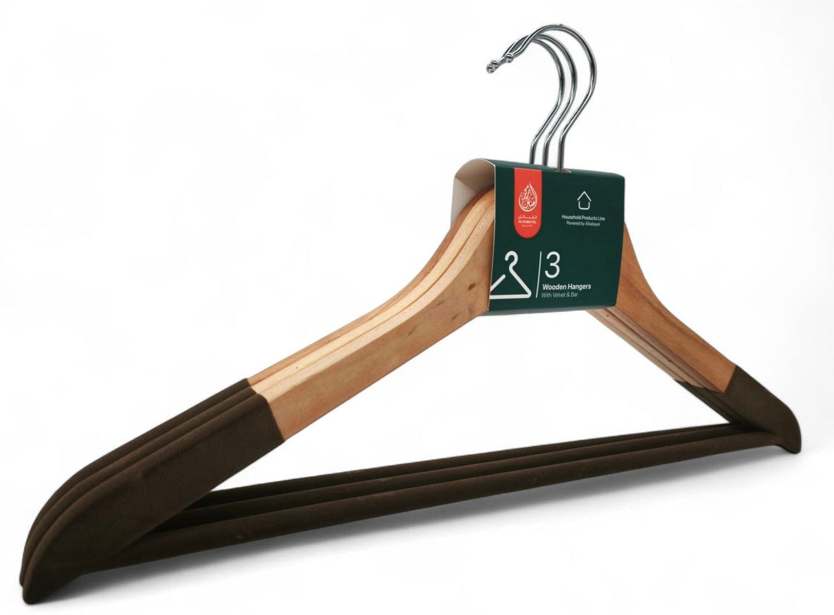 Al Kabayel Wooden Hangers With Velvet Bar â€“ 3 - Pack - Al Kabayel Discount CentreAl Kabayel Wooden Hangers With Velvet Bar â€“ 3 - PackOrganizers & AccessoriesAKDCAl Kabayel Discount Centre