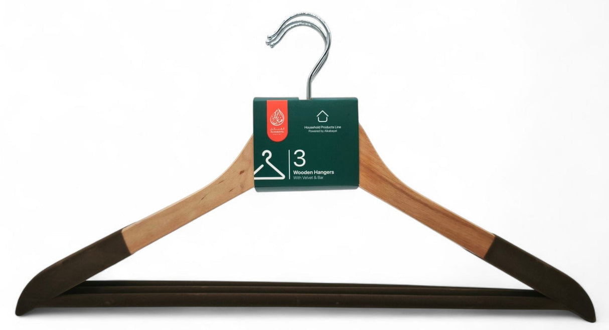 Al Kabayel Wooden Hangers With Velvet Bar â€“ 3 - Pack - Al Kabayel Discount CentreAl Kabayel Wooden Hangers With Velvet Bar â€“ 3 - PackOrganizers & AccessoriesAKDCAl Kabayel Discount Centre