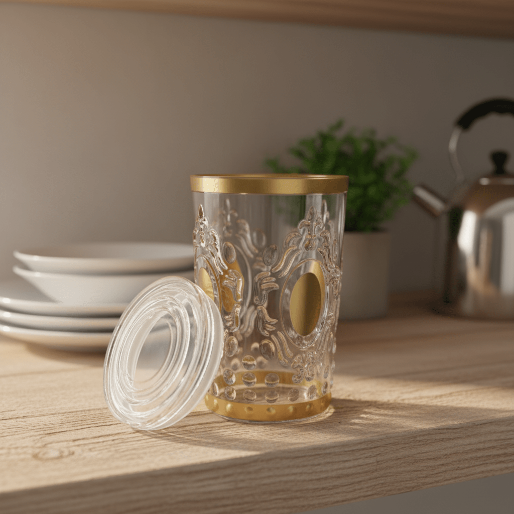 Alhoora Luxury Round Airtight Acrylic Storage Canister – Transparent Body with Elegant Golden Decorative Design, 1000 ml - Al Kabayel Discount CentreAlhoora Luxury Round Airtight Acrylic Storage Canister – Transparent Body with Elegant Golden Decorative Design, 1000 mlJars & Food SaversALHOORAAl Kabayel Discount Centre