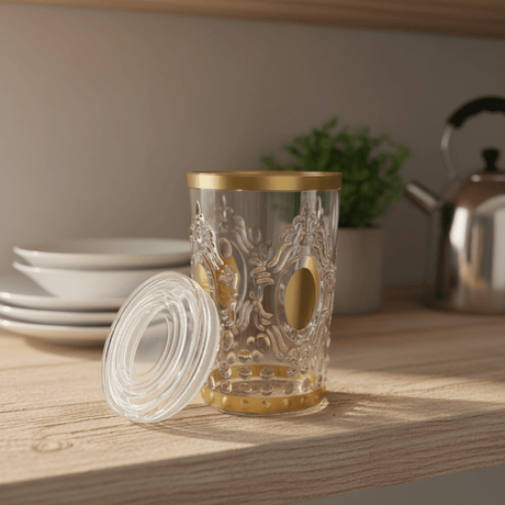 Alhoora Luxury Round Airtight Acrylic Storage Canister – Transparent Body with Elegant Golden Decorative Design, 1000 ml - Al Kabayel Discount CentreAlhoora Luxury Round Airtight Acrylic Storage Canister – Transparent Body with Elegant Golden Decorative Design, 1000 mlJars & Food SaversALHOORAAl Kabayel Discount Centre