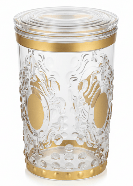 Alhoora Luxury Round Airtight Acrylic Storage Canister – Transparent Body with Elegant Golden Decorative Design, 1000 ml - Al Kabayel Discount CentreAlhoora Luxury Round Airtight Acrylic Storage Canister – Transparent Body with Elegant Golden Decorative Design, 1000 mlJars & Food SaversALHOORAAl Kabayel Discount Centre