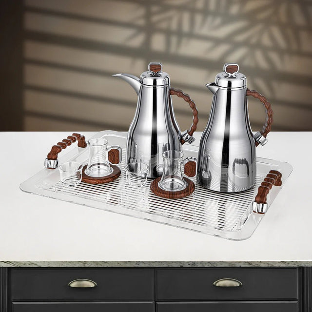 Almarjan 21 Pieces Tea & Coffee Set, Brushed Silver & Dark Wood - Al Kabayel Discount CentreAlmarjan 21 Pieces Tea & Coffee Set, Brushed Silver & Dark WoodTea SetsALMARJANAl Kabayel Discount Centre