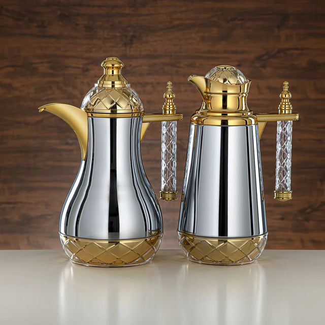 Almarjan 2pcs Vaccum Flask 0.7L+1L, Keeps Tea & Coffee Hot & Cold for 8hr, Silver/Gold and Crystal Handle, Push Button, Acrylic Handle - Al Kabayel Discount CentreAlmarjan 2pcs Vaccum Flask 0.7L+1L, Keeps Tea & Coffee Hot & Cold for 8hr, Silver/Gold and Crystal Handle, Push Button, Acrylic HandleThermosALMARJANAl Kabayel Discount Centre