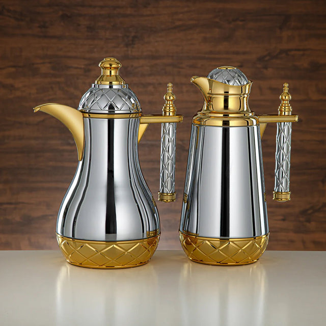 Almarjan 2pcs Vaccum Flask 0.7L+1L, Keeps Tea & Coffee Hot & Cold for 8hr, Silver/Gold, Push Button - Al Kabayel Discount CentreAlmarjan 2pcs Vaccum Flask 0.7L+1L, Keeps Tea & Coffee Hot & Cold for 8hr, Silver/Gold, Push ButtonThermosALMARJANAl Kabayel Discount Centre