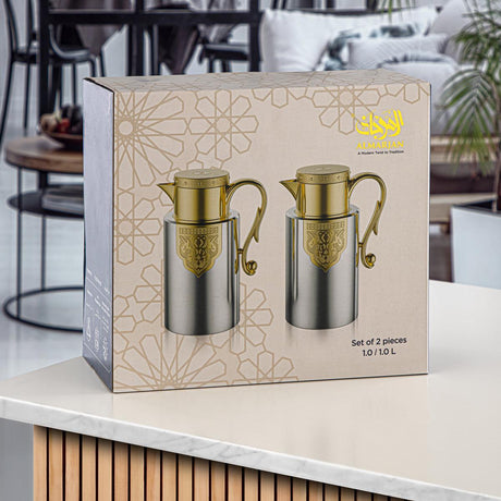 Almarjan 2pcs Vaccum Flask 1L+1L, Keeps Tea & Coffee Hot & Cold for 8hr, Chrome - Al Kabayel Discount CentreAlmarjan 2pcs Vaccum Flask 1L+1L, Keeps Tea & Coffee Hot & Cold for 8hr, ChromeThermosALMARJANAl Kabayel Discount Centre