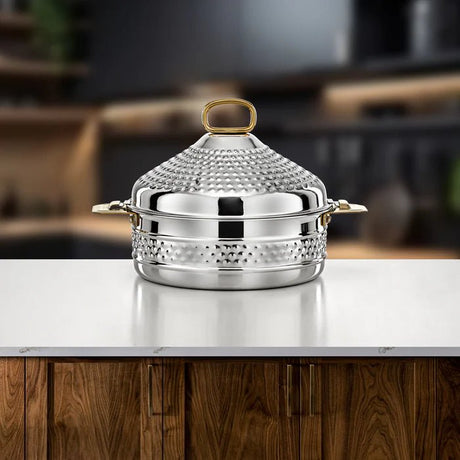 Almarjan Abeer Stainless Steel Hot Pot 25cm – Silver & Gold Elegant Serving Edition - Al Kabayel Discount CentreAlmarjan Abeer Stainless Steel Hot Pot 25cm – Silver & Gold Elegant Serving EditionCasserolesALMARJANAl Kabayel Discount Centre