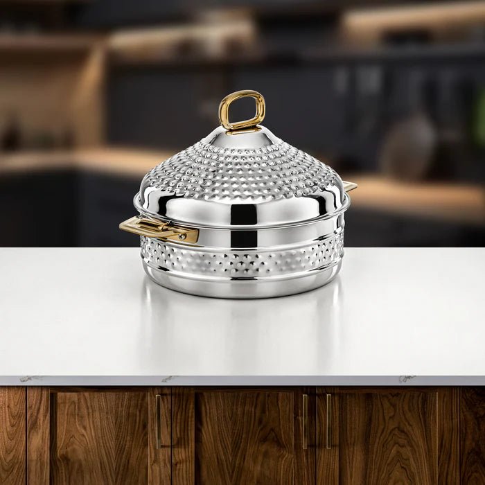 Almarjan Abeer Stainless Steel Hot Pot 25cm – Silver & Gold Elegant Serving Edition - Al Kabayel Discount CentreAlmarjan Abeer Stainless Steel Hot Pot 25cm – Silver & Gold Elegant Serving EditionCasserolesALMARJANAl Kabayel Discount Centre