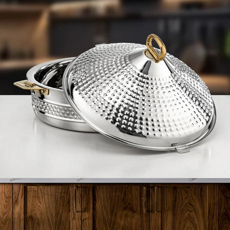 Almarjan Abeer Stainless Steel Hot Pot 35cm – Silver & Gold Elegant Serving Edition - Al Kabayel Discount CentreAlmarjan Abeer Stainless Steel Hot Pot 35cm – Silver & Gold Elegant Serving EditionCasserolesALMARJANAl Kabayel Discount Centre