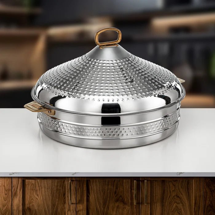 Almarjan Abeer Stainless Steel Hot Pot 40cm – Silver & Gold Elegant Serving Edition - Al Kabayel Discount CentreAlmarjan Abeer Stainless Steel Hot Pot 40cm – Silver & Gold Elegant Serving EditionCasserolesALMARJANAl Kabayel Discount Centre