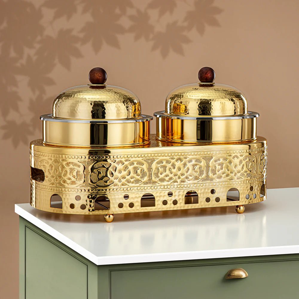 Almarjan Chafing Dish Double Stainless Steel, 1.25L + 1.25L, Gold (MD - 3046) - Stylish Serveware - Al Kabayel Discount CentreAlmarjan Chafing Dish Double Stainless Steel, 1.25L + 1.25L, Gold (MD - 3046) - Stylish ServewareWarmersALMARJANAl Kabayel Discount Centre