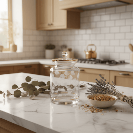 Almarjan Cylindrical Glass Candy Pot | Gold - Rimmed Botanical Elegance | 17×10cm - Al Kabayel Discount CentreAlmarjan Cylindrical Glass Candy Pot | Gold - Rimmed Botanical Elegance | 17×10cmJars & Food SaversALMARJANAl Kabayel Discount Centre