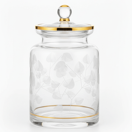 Almarjan Cylindrical Glass Candy Pot | Gold - Rimmed Botanical Elegance | 17×10cm - Al Kabayel Discount CentreAlmarjan Cylindrical Glass Candy Pot | Gold - Rimmed Botanical Elegance | 17×10cmJars & Food SaversALMARJANAl Kabayel Discount Centre