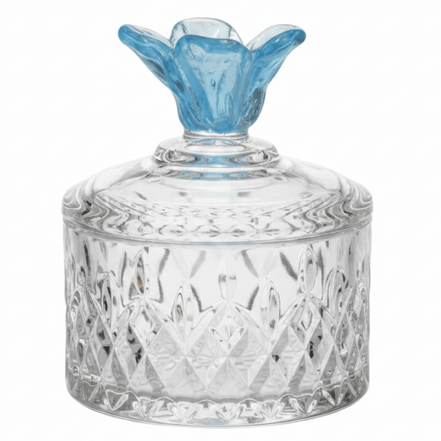 Almarjan Decorative Diamond - Cut Glass Candy Bowl with Blue Flower Design Lid for Gifting & Serving – 10 × 10 cm - Al Kabayel Discount CentreAlmarjan Decorative Diamond - Cut Glass Candy Bowl with Blue Flower Design Lid for Gifting & Serving – 10 × 10 cmJars & Food SaversALMARJANAl Kabayel Discount Centre