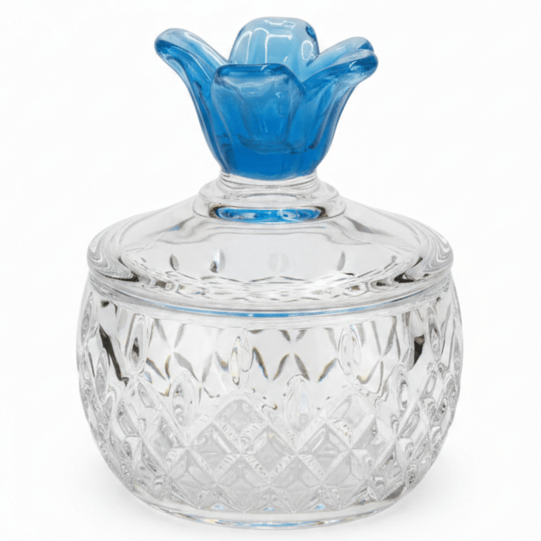 Almarjan Diamond - Cut Glass Candy Bowl with Decorative Blue Floral Lid for Luxury Table Display – 11 × 10 cm - Al Kabayel Discount CentreAlmarjan Diamond - Cut Glass Candy Bowl with Decorative Blue Floral Lid for Luxury Table Display – 11 × 10 cmJars & Food SaversALMARJANAl Kabayel Discount Centre