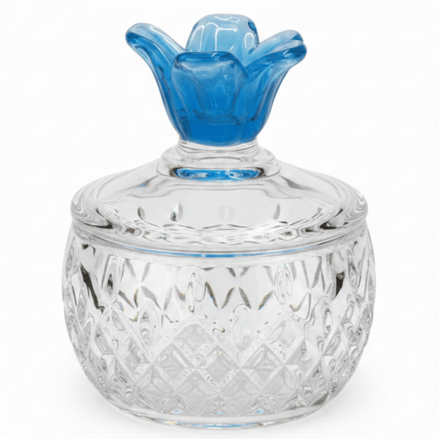 Almarjan Diamond - Cut Glass Candy Bowl with Decorative Blue Floral Lid for Luxury Table Display – 11 × 10 cm - Al Kabayel Discount CentreAlmarjan Diamond - Cut Glass Candy Bowl with Decorative Blue Floral Lid for Luxury Table Display – 11 × 10 cmJars & Food SaversALMARJANAl Kabayel Discount Centre