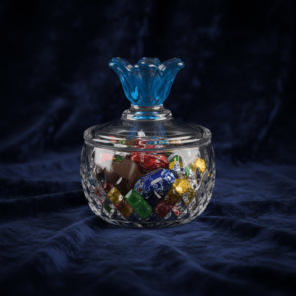 Almarjan Diamond - Cut Glass Candy Bowl with Decorative Blue Floral Lid for Luxury Table Display – 11 × 10 cm - Al Kabayel Discount CentreAlmarjan Diamond - Cut Glass Candy Bowl with Decorative Blue Floral Lid for Luxury Table Display – 11 × 10 cmJars & Food SaversALMARJANAl Kabayel Discount Centre