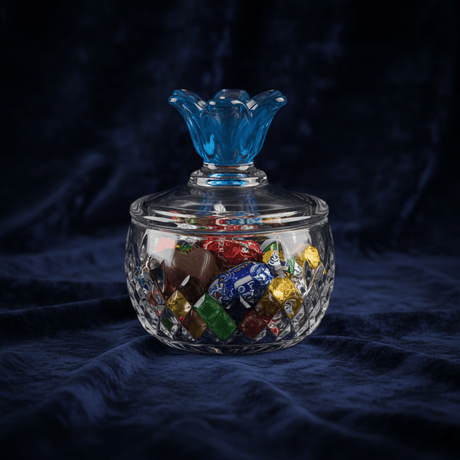 Almarjan Diamond - Cut Glass Candy Bowl with Decorative Blue Floral Lid for Luxury Table Display – 11 × 10 cm - Al Kabayel Discount CentreAlmarjan Diamond - Cut Glass Candy Bowl with Decorative Blue Floral Lid for Luxury Table Display – 11 × 10 cmJars & Food SaversALMARJANAl Kabayel Discount Centre