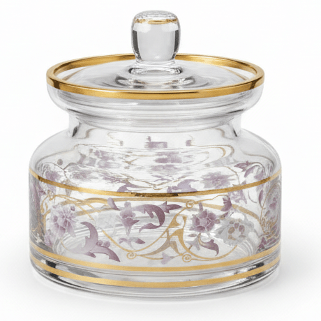 Almarjan Elegant Floral Glass Candy Pot | Gold - Rimmed Lidded Jar | 12×10cm - Al Kabayel Discount CentreAlmarjan Elegant Floral Glass Candy Pot | Gold - Rimmed Lidded Jar | 12×10cmJars & Food SaversALMARJANAl Kabayel Discount Centre