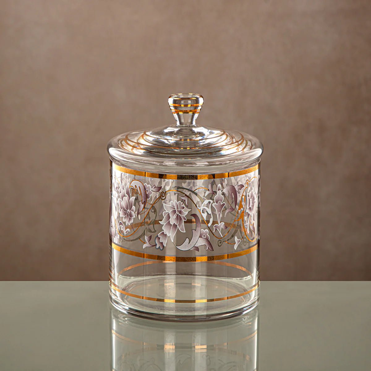 Almarjan Glass Candy Pot with Lid 1000ml, Clear & Golden Pattern - Al Kabayel Discount CentreAlmarjan Glass Candy Pot with Lid 1000ml, Clear & Golden PatternJars & Food SaversALMARJANAl Kabayel Discount Centre