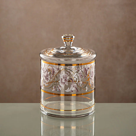 Almarjan Glass Candy Pot with Lid 1000ml, Clear & Golden Pattern - Al Kabayel Discount CentreAlmarjan Glass Candy Pot with Lid 1000ml, Clear & Golden PatternJars & Food SaversALMARJANAl Kabayel Discount Centre