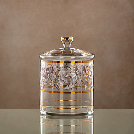 Almarjan Glass Candy Pot with Lid 1000ml, Clear & Golden Pattern - Al Kabayel Discount CentreAlmarjan Glass Candy Pot with Lid 1000ml, Clear & Golden PatternJars & Food SaversALMARJANAl Kabayel Discount Centre