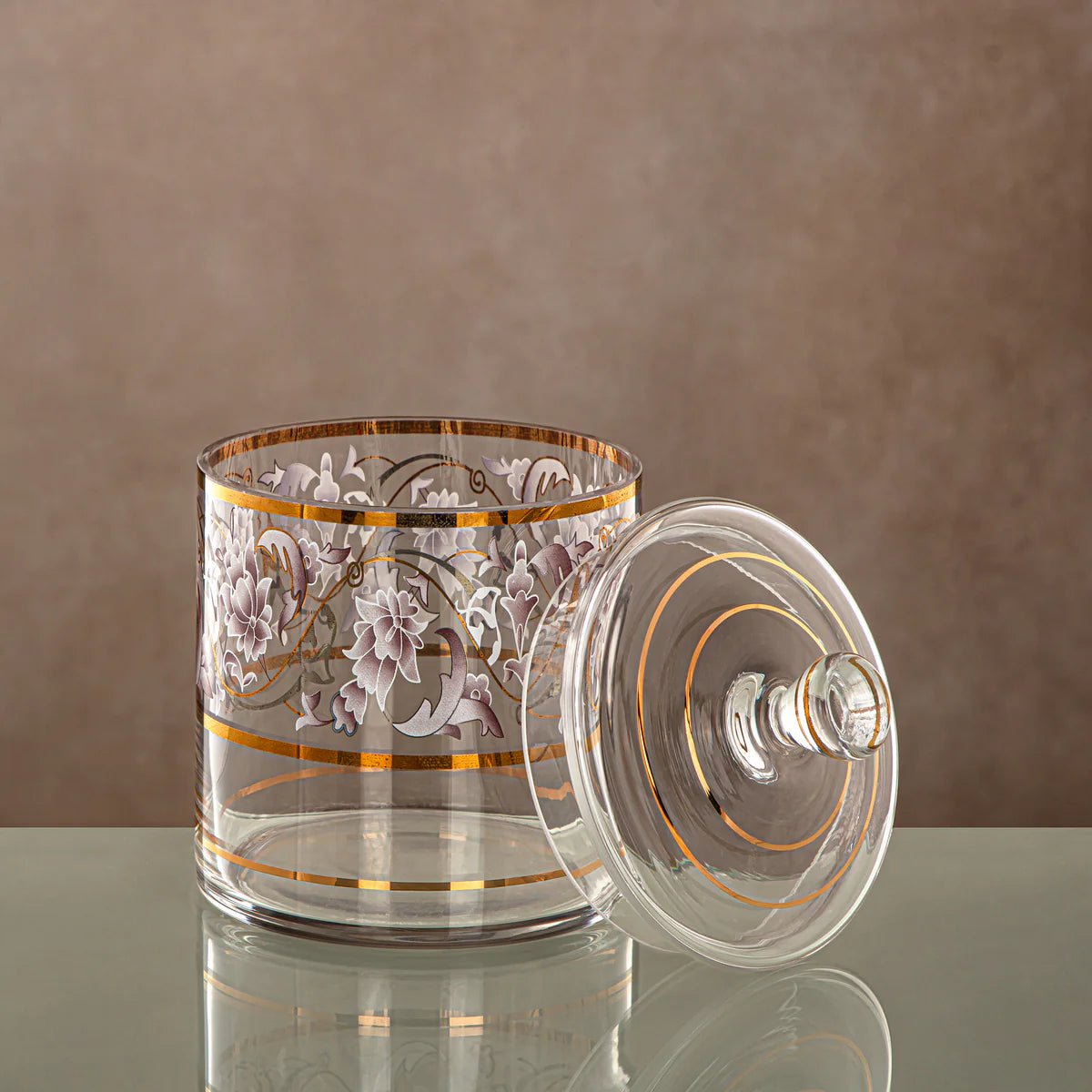 Almarjan Glass Candy Pot with Lid 1000ml, Clear & Golden Pattern - Al Kabayel Discount CentreAlmarjan Glass Candy Pot with Lid 1000ml, Clear & Golden PatternJars & Food SaversALMARJANAl Kabayel Discount Centre