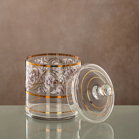 Almarjan Glass Candy Pot with Lid 1000ml, Clear & Golden Pattern - Al Kabayel Discount CentreAlmarjan Glass Candy Pot with Lid 1000ml, Clear & Golden PatternJars & Food SaversALMARJANAl Kabayel Discount Centre