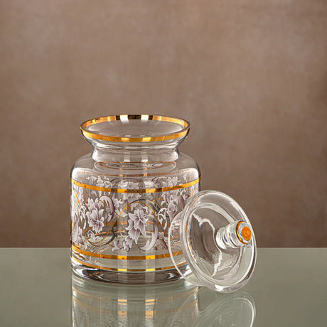 Almarjan Glass Candy Pot with Lid 800ml, Clear & Golden Pattern - Al Kabayel Discount CentreAlmarjan Glass Candy Pot with Lid 800ml, Clear & Golden PatternJars & Food SaversALMARJANAl Kabayel Discount Centre