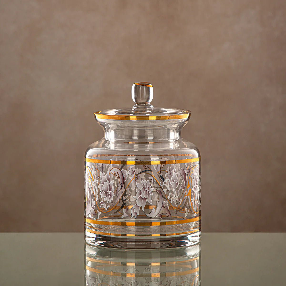 Almarjan Glass Candy Pot with Lid 800ml, Clear & Golden Pattern - Al Kabayel Discount CentreAlmarjan Glass Candy Pot with Lid 800ml, Clear & Golden PatternJars & Food SaversALMARJANAl Kabayel Discount Centre
