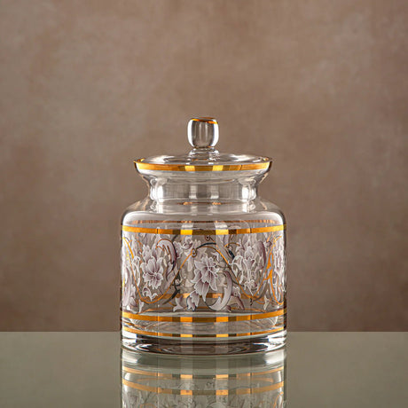 Almarjan Glass Candy Pot with Lid 800ml, Clear & Golden Pattern - Al Kabayel Discount CentreAlmarjan Glass Candy Pot with Lid 800ml, Clear & Golden PatternJars & Food SaversALMARJANAl Kabayel Discount Centre