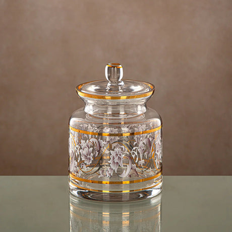 Almarjan Glass Candy Pot with Lid 800ml, Clear & Golden Pattern - Al Kabayel Discount CentreAlmarjan Glass Candy Pot with Lid 800ml, Clear & Golden PatternJars & Food SaversALMARJANAl Kabayel Discount Centre