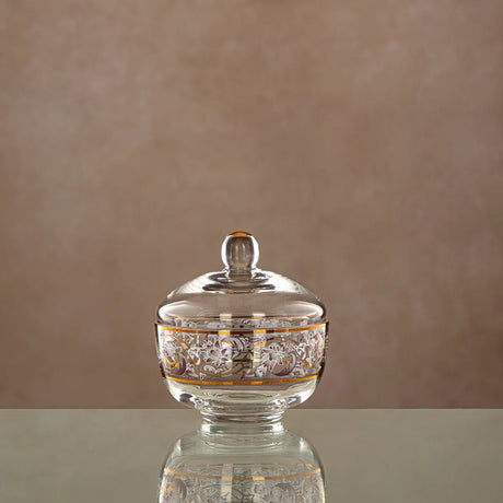 Almarjan Glass Sugar Pot with Lid 200ml, Clear & Golden Pattern - Al Kabayel Discount CentreAlmarjan Glass Sugar Pot with Lid 200ml, Clear & Golden PatternJars & Food SaversALMARJANAl Kabayel Discount Centre