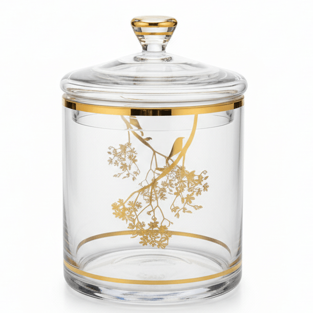 Almarjan Gold Botanical Lidded Glass Jar — Timeless Elegance for the Modern Home | 12.5×12.5cm - Al Kabayel Discount CentreAlmarjan Gold Botanical Lidded Glass Jar — Timeless Elegance for the Modern Home | 12.5×12.5cmJars & Food SaversALMARJANAl Kabayel Discount Centre