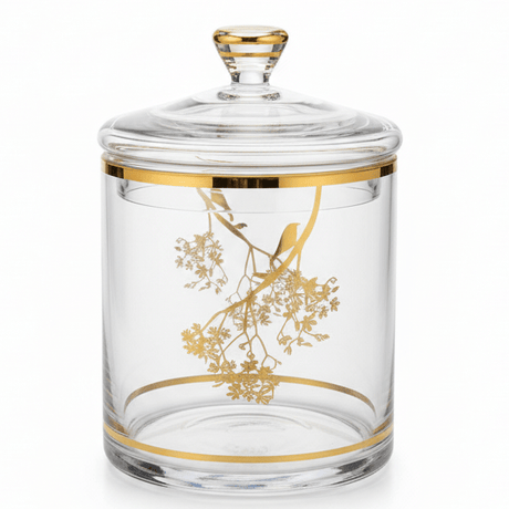 Almarjan Gold Botanical Lidded Glass Jar — Timeless Elegance for the Modern Home | 12.5×12.5cm - Al Kabayel Discount CentreAlmarjan Gold Botanical Lidded Glass Jar — Timeless Elegance for the Modern Home | 12.5×12.5cmJars & Food SaversALMARJANAl Kabayel Discount Centre