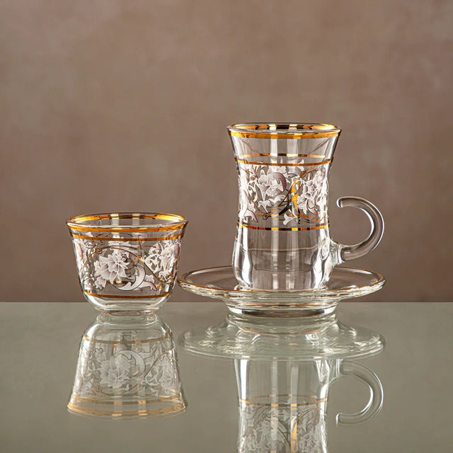 ALMARJAN Harir 18pcs Tea/Coffee Set (6pc Cava Cup 90ml, 6pcs Cup 180ml, 6pcs Saucer), Floral Design with Golden Border - Al Kabayel Discount CentreALMARJAN Harir 18pcs Tea/Coffee Set (6pc Cava Cup 90ml, 6pcs Cup 180ml, 6pcs Saucer), Floral Design with Golden BorderTea SetsALMARJANAl Kabayel Discount Centre