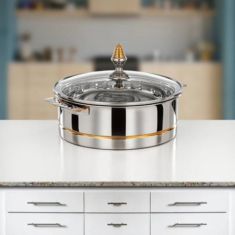 Almarjan Hot Pot Stainless Steel, Glass Cover, Silver & Gold, 25CM (H25PG3) - Lara Collection, Elegant Dining Experiences - Al Kabayel Discount CentreAlmarjan Hot Pot Stainless Steel, Glass Cover, Silver & Gold, 25CM (H25PG3) - Lara Collection, Elegant Dining ExperiencesCasserolesALMARJANAl Kabayel Discount Centre