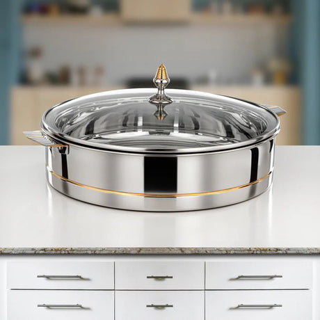 Almarjan Hot Pot Stainless Steel, Glass Cover, Silver & Gold, 40CM (H25PG3) - Lara Collection, Elegant Dining Experiences - Al Kabayel Discount CentreAlmarjan Hot Pot Stainless Steel, Glass Cover, Silver & Gold, 40CM (H25PG3) - Lara Collection, Elegant Dining ExperiencesCasserolesALMARJANAl Kabayel Discount Centre