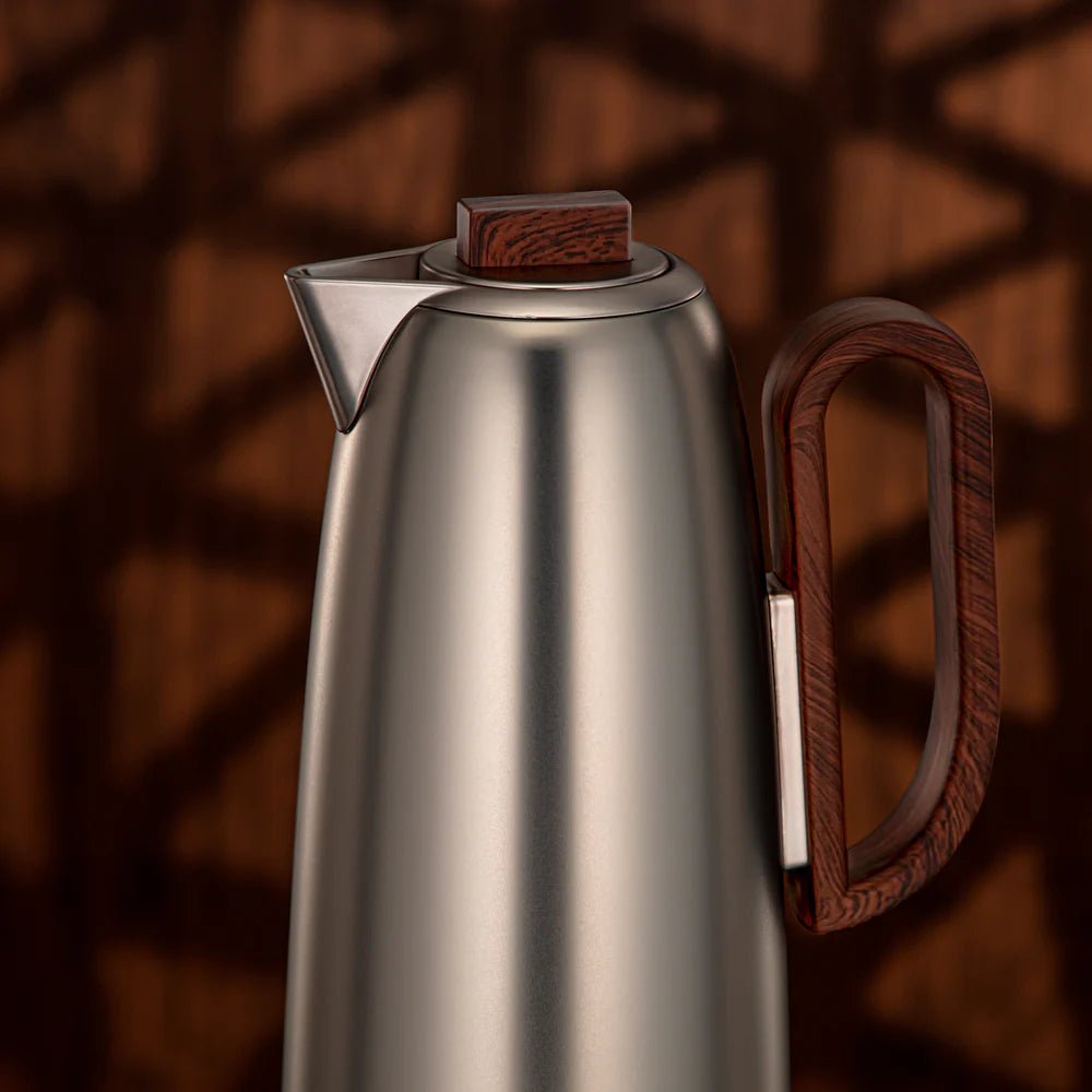 Almarjan Insulated Flask Set (0.7L + 1L) – Matte Nickel Body with Dark Wood Accent - Al Kabayel Discount CentreAlmarjan Insulated Flask Set (0.7L + 1L) – Matte Nickel Body with Dark Wood AccentThermosAKDCAl Kabayel Discount Centre