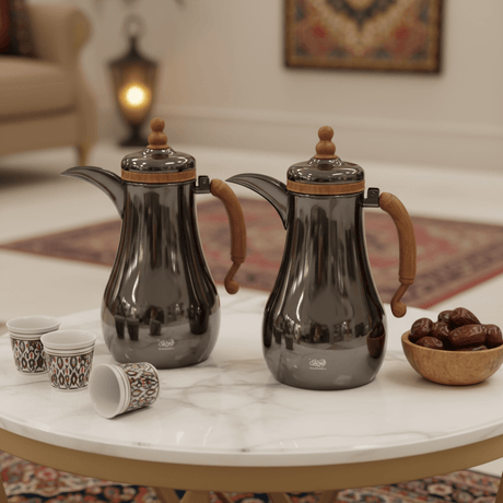 Almarjan Matte Black Vacuum Flask Set with Brown Handle, Premium Insulated Hot & Cold Beverage Server – 1L + 1L - Al Kabayel Discount CentreAlmarjan Matte Black Vacuum Flask Set with Brown Handle, Premium Insulated Hot & Cold Beverage Server – 1L + 1LThermosALMARJANAl Kabayel Discount Centre